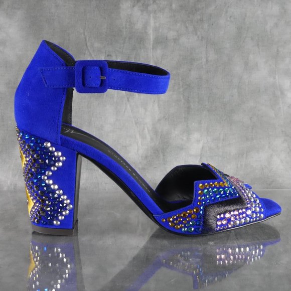 Giuseppe Zanotti LAVINIA Blue Suede Crystal Peep Toe Heels Size 7* US 37 EU S1E1 - Picture 3 of 12